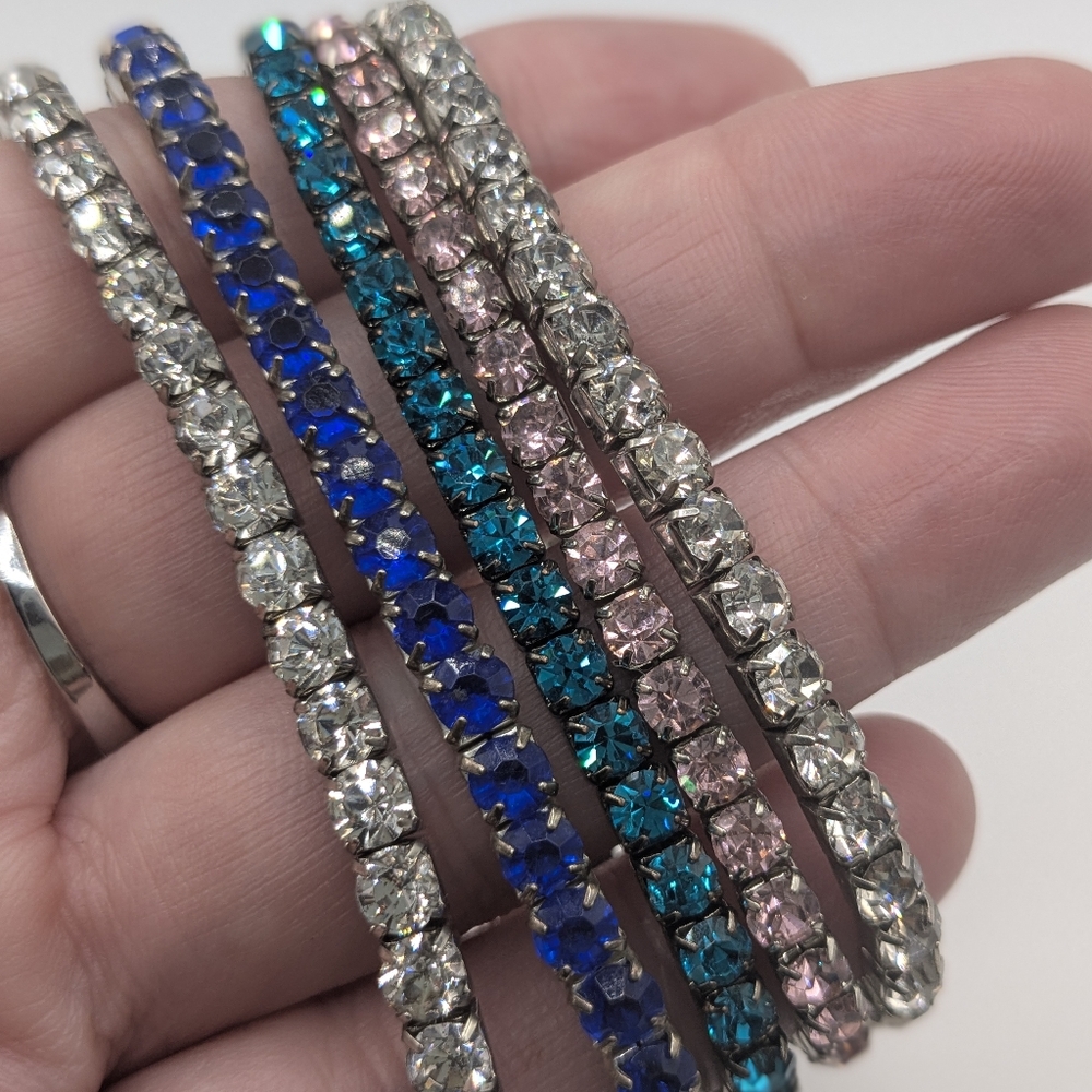 Set of 5 Rhinestone Stretch Bracelets | Blue Pink Teal Clear Stackable Sparkly